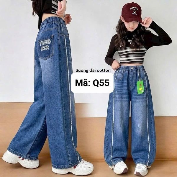  Q55 _ Quần jean dài ống suông bé gái lưng thun chất jean cotton mềm mại thoáng mát _ Beekids 