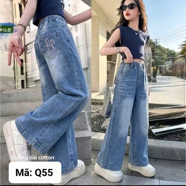  Q55 _ Quần jean dài ống suông bé gái lưng thun chất jean cotton mềm mại thoáng mát _ Beekids 