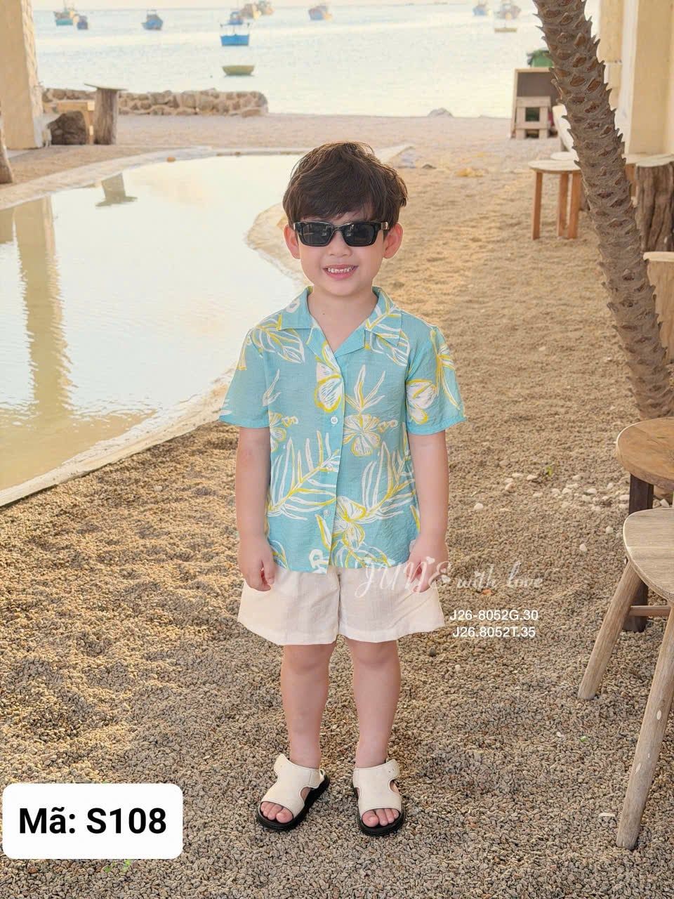  S108 _ Set bé trai mặc đi biển, đi du lịch áo sơ mi hoạ tiết hoa lá phối quần ngắn _ Beekids 