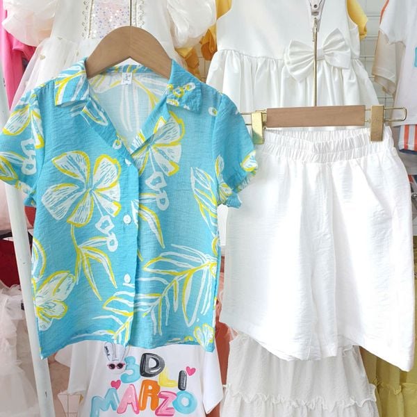  S108 _ Set bé trai mặc đi biển, đi du lịch áo sơ mi hoạ tiết hoa lá phối quần ngắn _ Beekids 