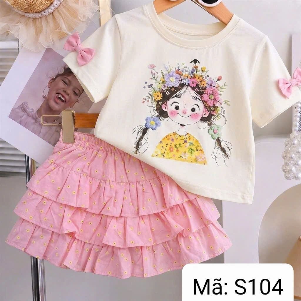  S104 _ Set váy bé gái phối ren mềm mại họa tiết dễ thương _ Beekids 