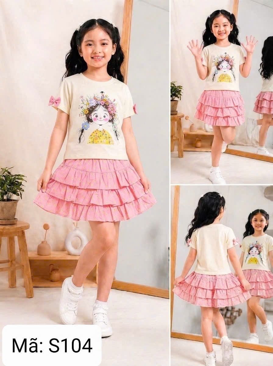  S104 _ Set váy bé gái phối ren mềm mại họa tiết dễ thương _ Beekids 