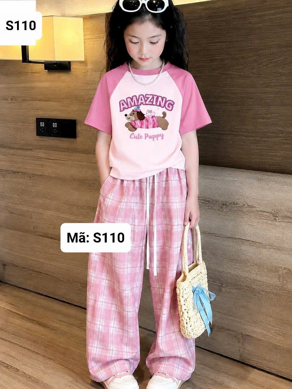  S81 _ Set bé gái quần dài caro ống suông phối áo thun hoạ tiết xinh xắn đáng yêu _ Beekids 