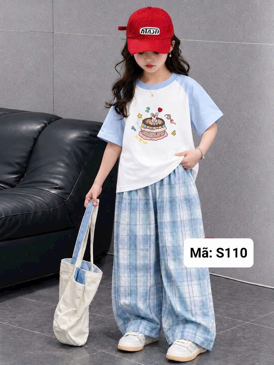 S81 _ Set bé gái quần dài caro ống suông phối áo thun hoạ tiết xinh xắn đáng yêu _ Beekids 