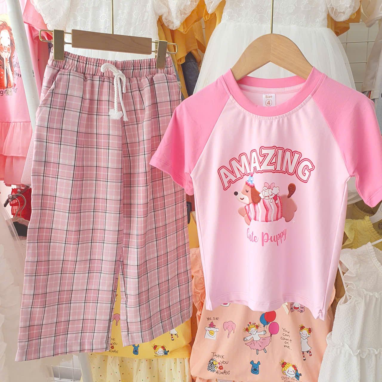  S81 _ Set bé gái quần dài caro ống suông phối áo thun hoạ tiết xinh xắn đáng yêu _ Beekids 