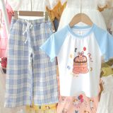  S81 _ Set bé gái quần dài caro ống suông phối áo thun hoạ tiết xinh xắn đáng yêu _ Beekids 