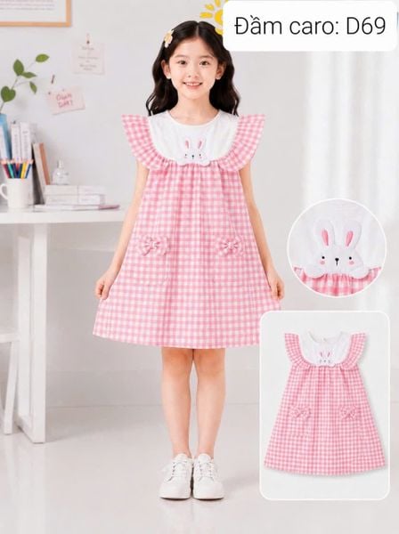  D69 _ Đầm bé gái caro dáng chữ A cổ bèo xinh xắn chất mềm mát _ Beekids 