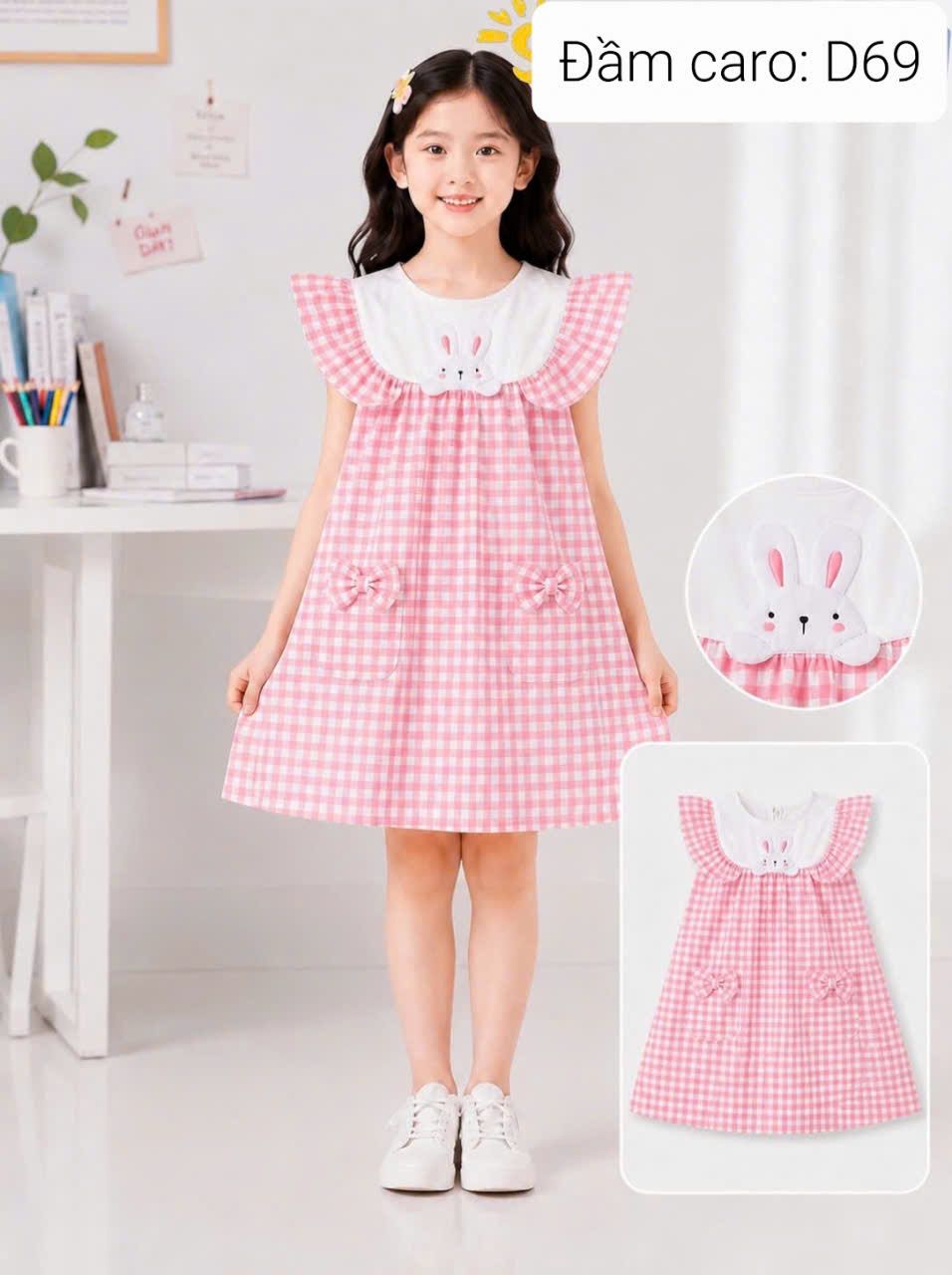  D69 _ Đầm bé gái caro dáng chữ A cổ bèo xinh xắn chất mềm mát _ Beekids 
