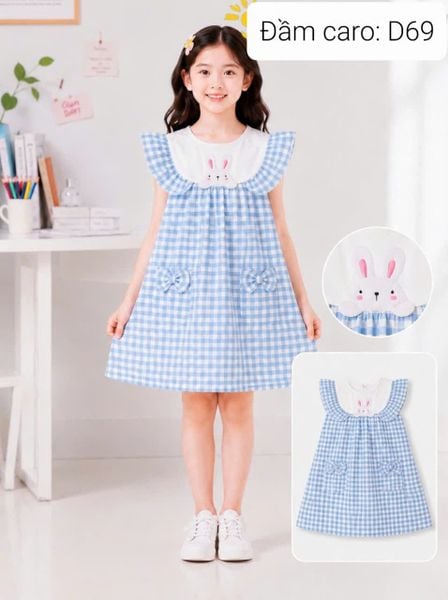  D69 _ Đầm bé gái caro dáng chữ A cổ bèo xinh xắn chất mềm mát _ Beekids 