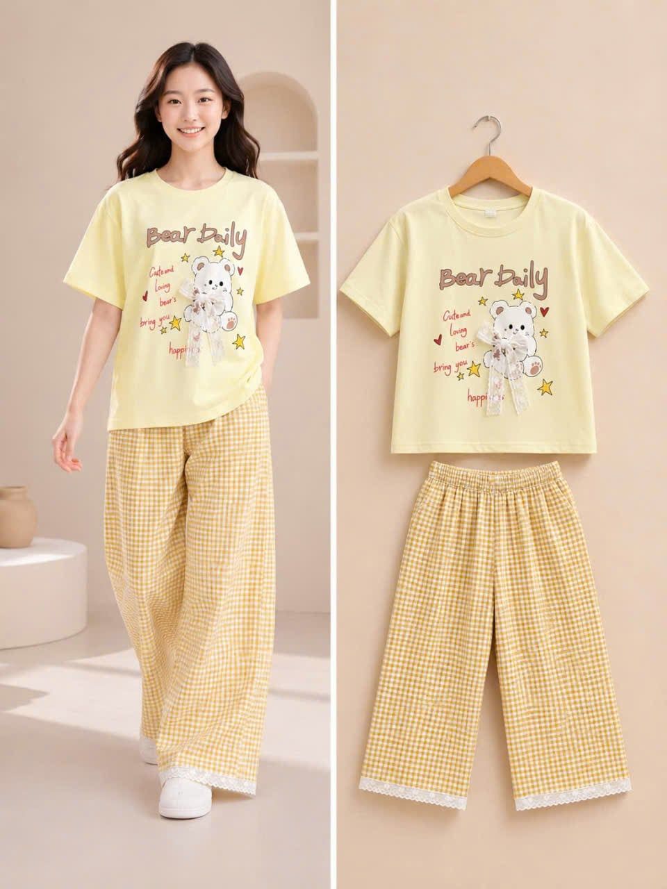  S111 _ Set bé gái quần dài caro phối áo thun cotton mềm mịn họa tiết gấu nơ dễ thương _ Beekids 