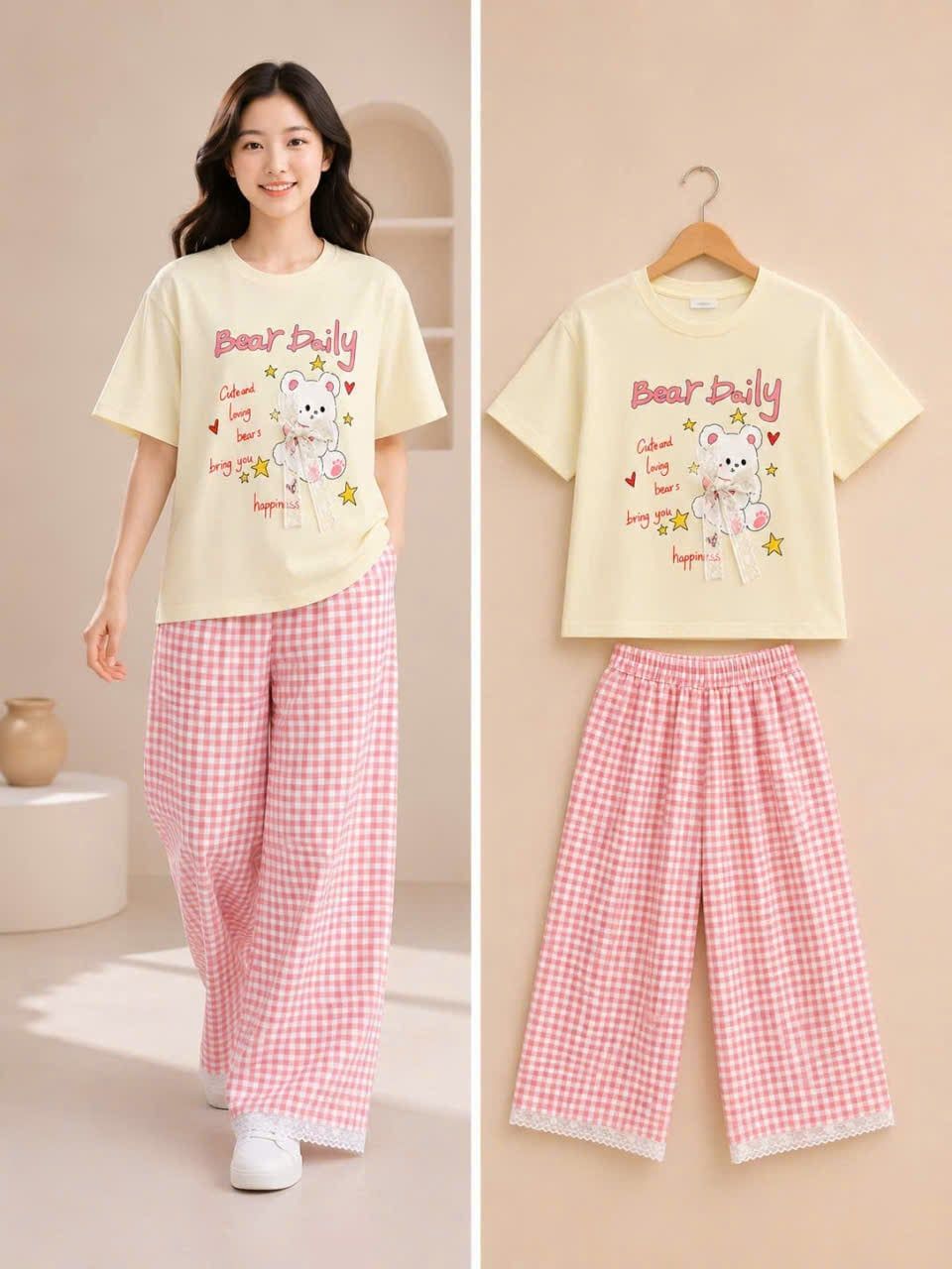  S111 _ Set bé gái quần dài caro phối áo thun cotton mềm mịn họa tiết gấu nơ dễ thương _ Beekids 