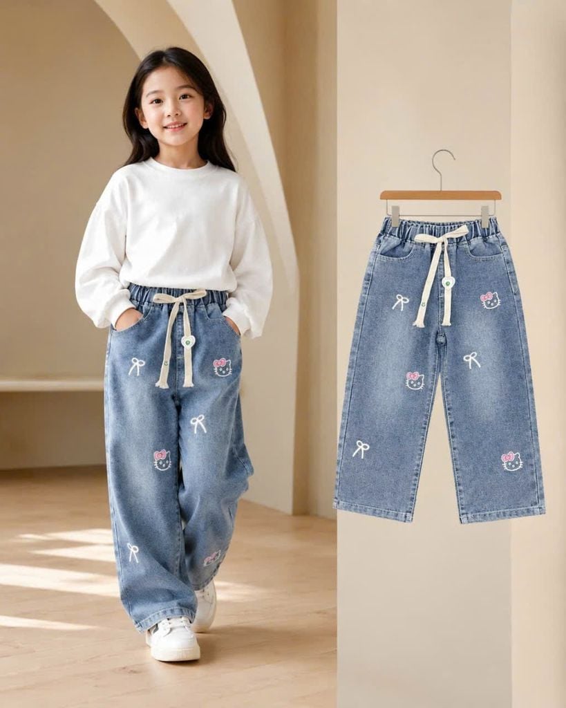  Q60 _ Quần jean ống suông cho bé gái mềm mại họa tiết nơ Hello Kitty xinh xắn _ Beekids 
