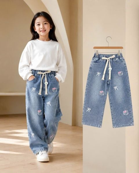  Q60 _ Quần jean ống suông cho bé gái mềm mại họa tiết nơ Hello Kitty xinh xắn _ Beekids 