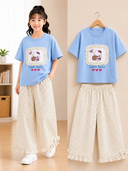  S113 _  Set bé gái quần dài chấm bi nhúng bèo phối áo thun họa tiết thỏ đáng yêu _ Beekids 