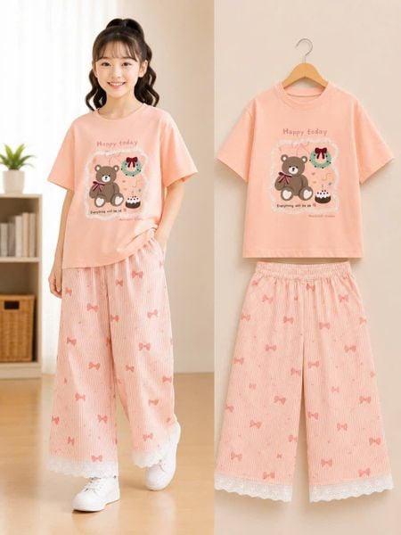  S115 _ Set bé gái quần suông kẻ sọc lai ren phối áo thun họa tiết  gấu xinh xắn _ Beekids 
