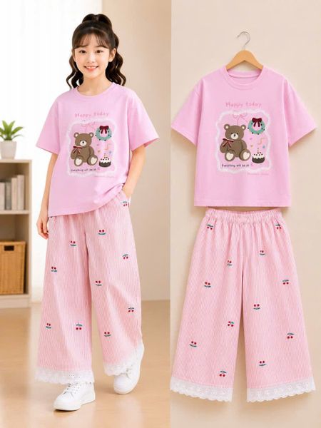  S115 _ Set bé gái quần suông kẻ sọc lai ren phối áo thun họa tiết  gấu xinh xắn _ Beekids 