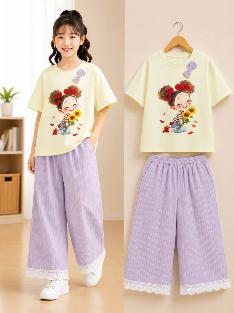  S116 _ Set bé gái quần suông lai ren phối áo thun họa tiết xinh xắn _ Beekids 