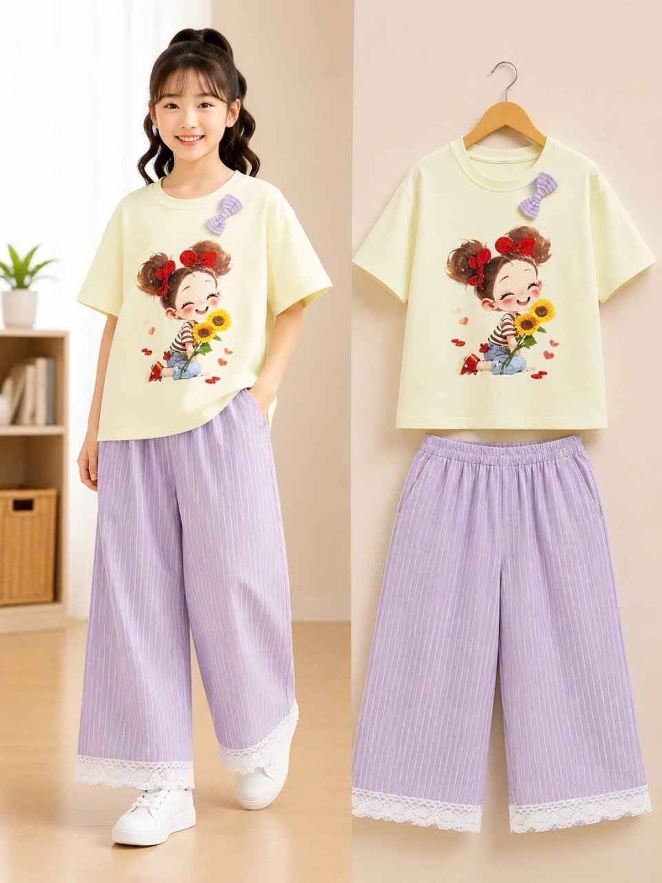  S116 _ Set bé gái quần suông lai ren phối áo thun họa tiết xinh xắn _ Beekids 