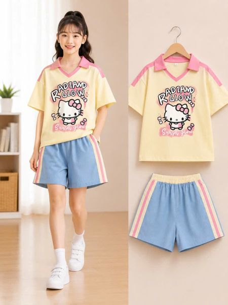  S110 _ Set bé gái áo thun họa tiết Hello Kitty phối quần short jean mềm mại co giãn _ Beekids 