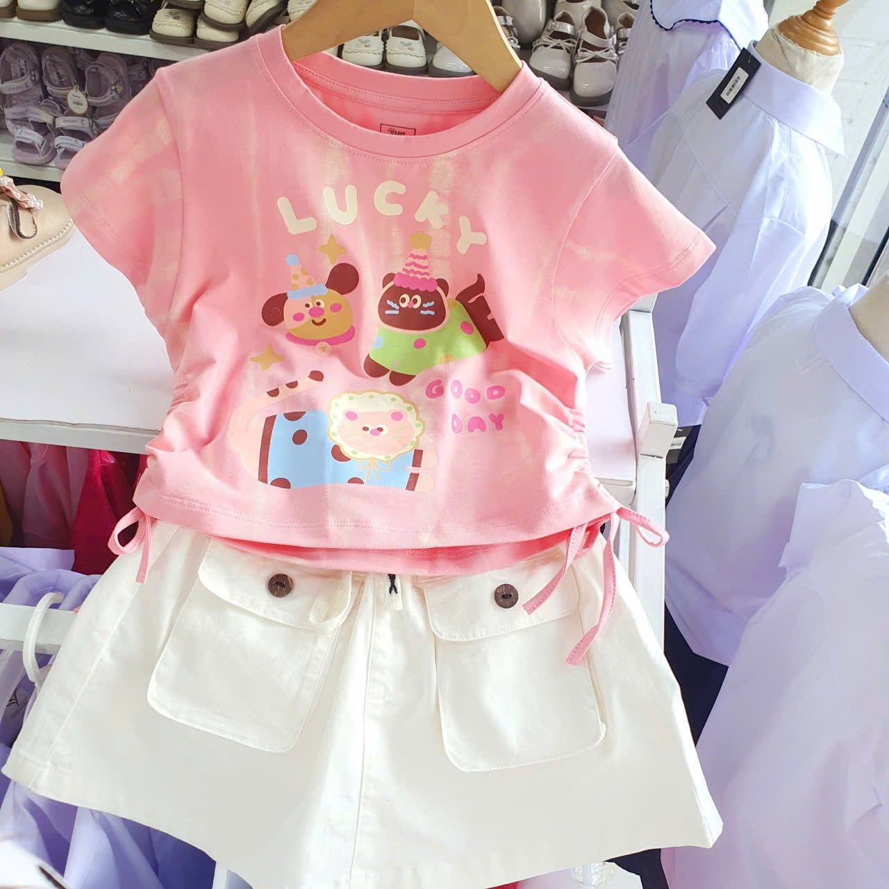  S114 _ Set váy kaki phối áo thun loang màu dây rút 2 bên siêu dễ thương _ Beekids 