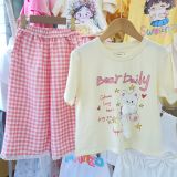  S111 _ Set bé gái quần dài caro phối áo thun cotton mềm mịn họa tiết gấu nơ dễ thương _ Beekids 