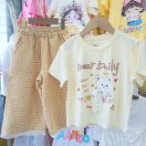  S111 _ Set bé gái quần dài caro phối áo thun cotton mềm mịn họa tiết gấu nơ dễ thương _ Beekids 
