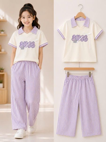  S119 _ Set bé gái quần suông kẻ sọc áo cổ trụ xinh xắn thời trang _ Beekids 