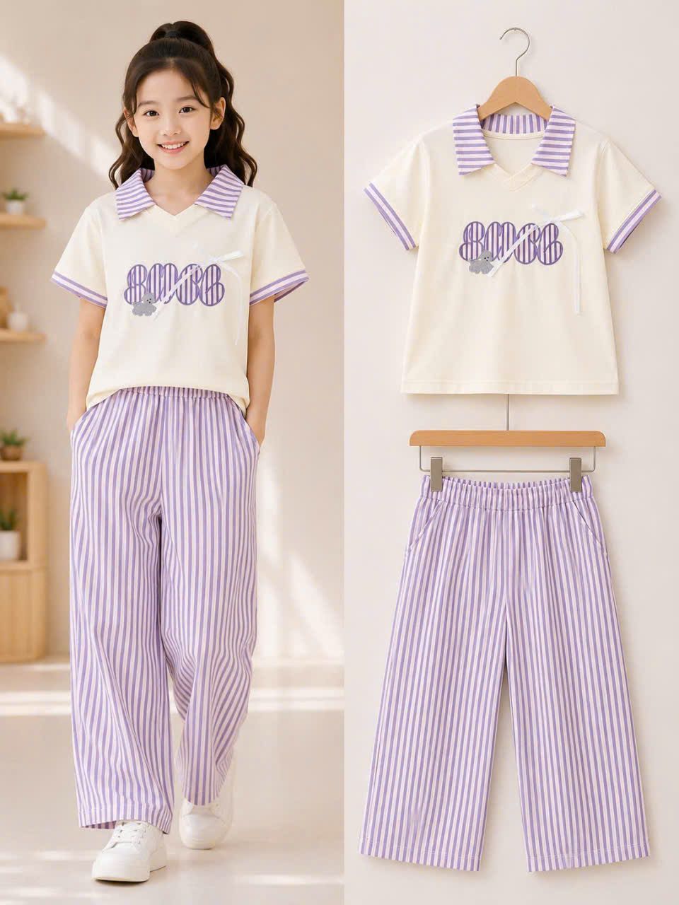  S119 _ Set bé gái quần suông kẻ sọc áo cổ trụ xinh xắn thời trang _ Beekids 