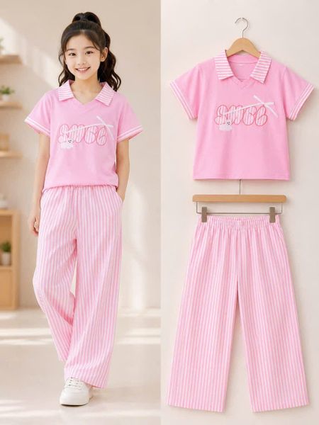  S119 _ Set bé gái quần suông kẻ sọc áo cổ trụ xinh xắn thời trang _ Beekids 