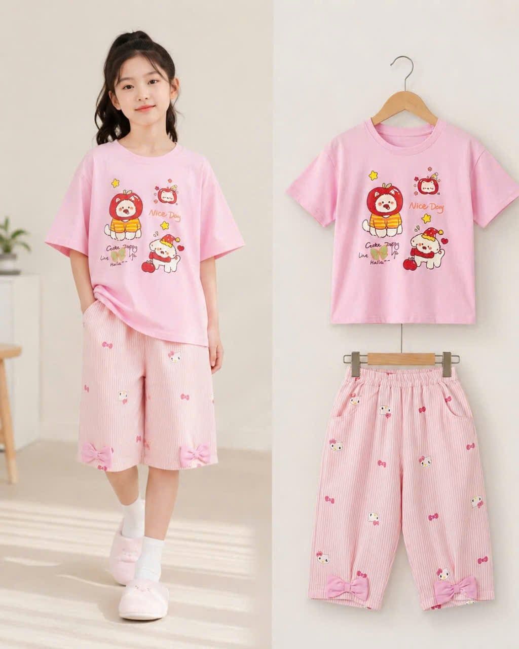  S118 _ Bộ ngố bé gái quần sọc đính nơ phối áo thun chú chó đội táo xinh xắn _ Beekids 