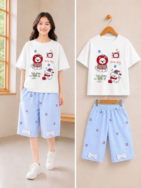  S118 _ Bộ ngố bé gái quần sọc đính nơ phối áo thun chú chó đội táo xinh xắn _ Beekids 