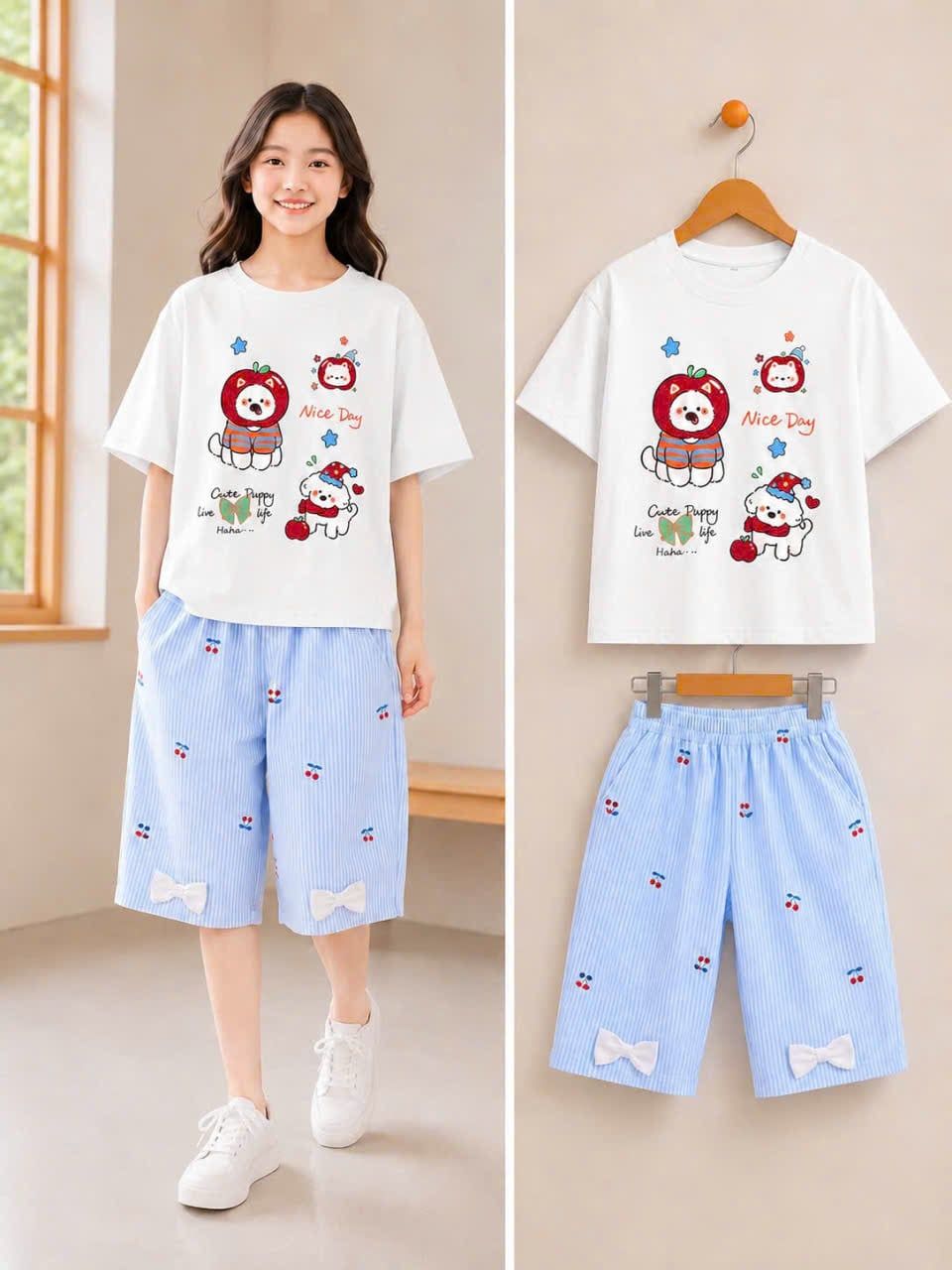  S118 _ Bộ ngố bé gái quần sọc đính nơ phối áo thun chú chó đội táo xinh xắn _ Beekids 
