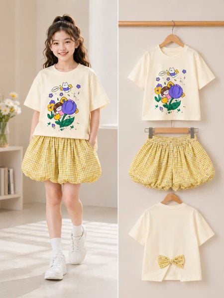  S117 _ Set đùi bí phối áo thun họa tiết mèo đính nơ  siêu dễ thương cho bé gái _ Beekids 