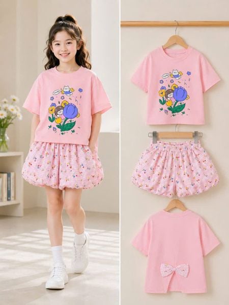  S117 _ Set đùi bí phối áo thun họa tiết mèo đính nơ  siêu dễ thương cho bé gái _ Beekids 
