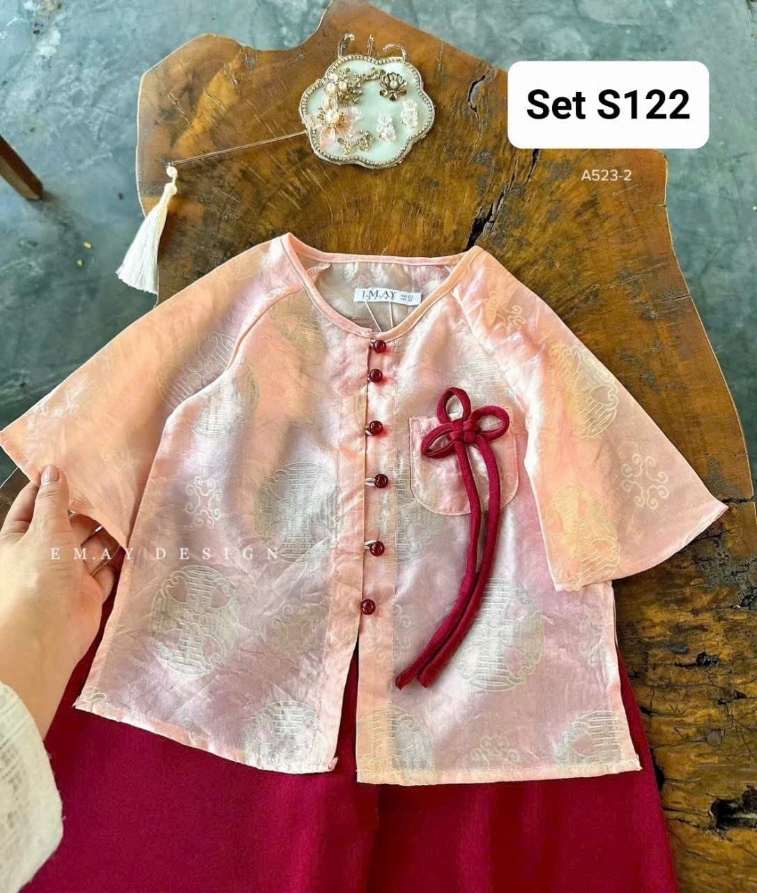  S122 _ Set áo tết nút như ý phối quần lụa mềm thanh lịch cho bé diện lễ tết, trung thu _ Beekids 