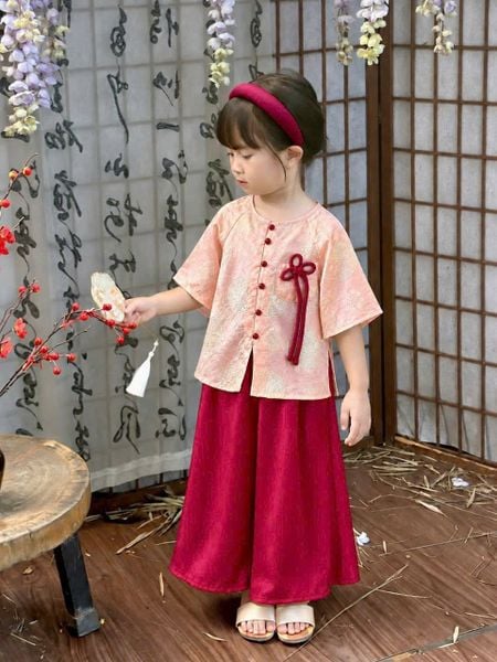  S122 _ Set áo tết nút như ý phối quần lụa mềm thanh lịch cho bé diện lễ tết, trung thu _ Beekids 