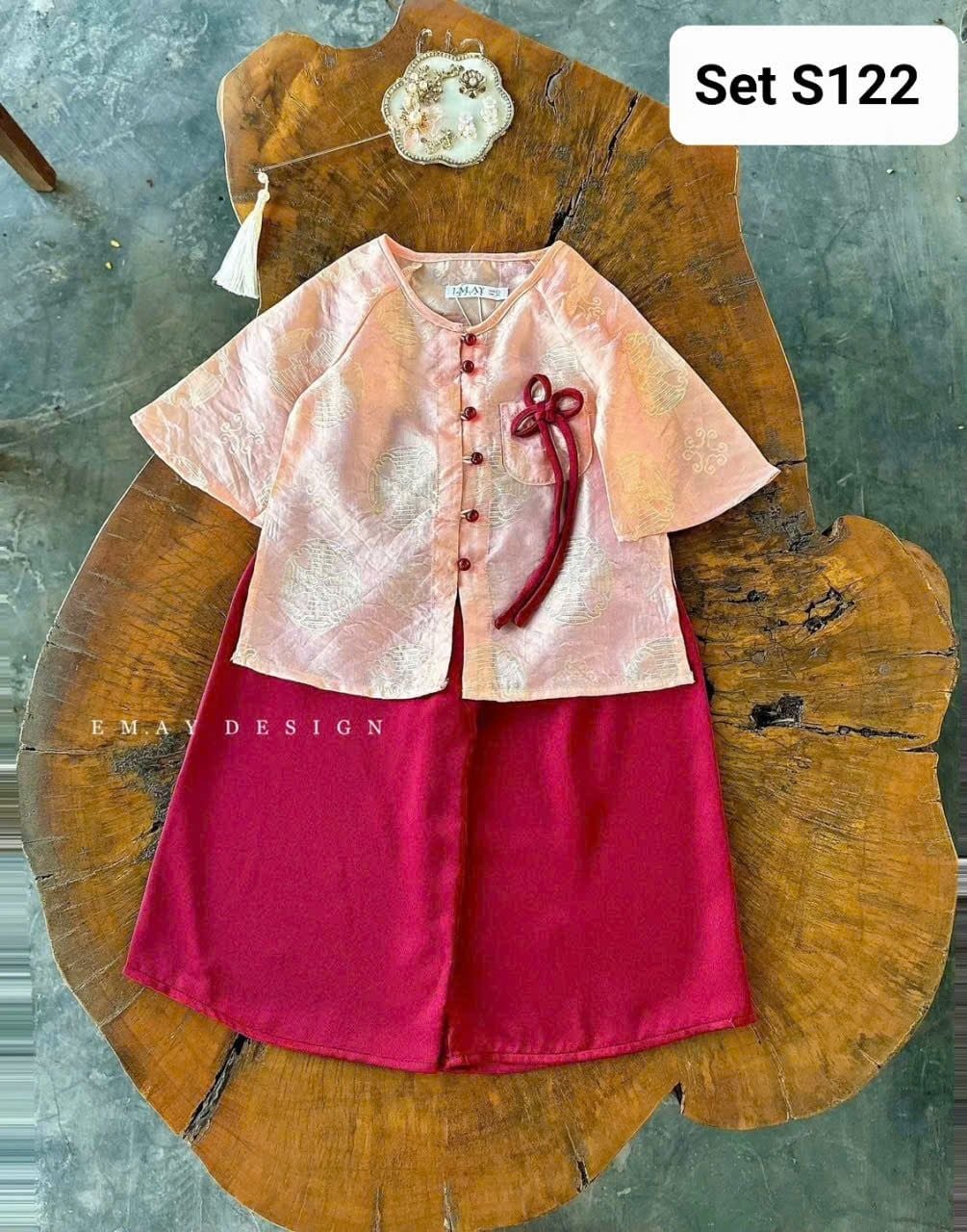  S122 _ Set áo tết nút như ý phối quần lụa mềm thanh lịch cho bé diện lễ tết, trung thu _ Beekids 
