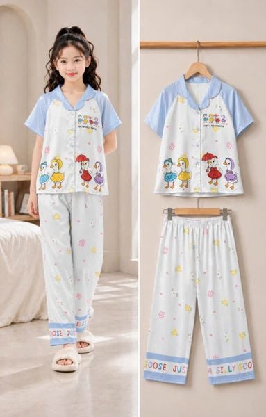  DB68 _ Bộ pijama quần dài họa tiết vịt cho bé và mẹ chất satin mềm mại _Beekids 