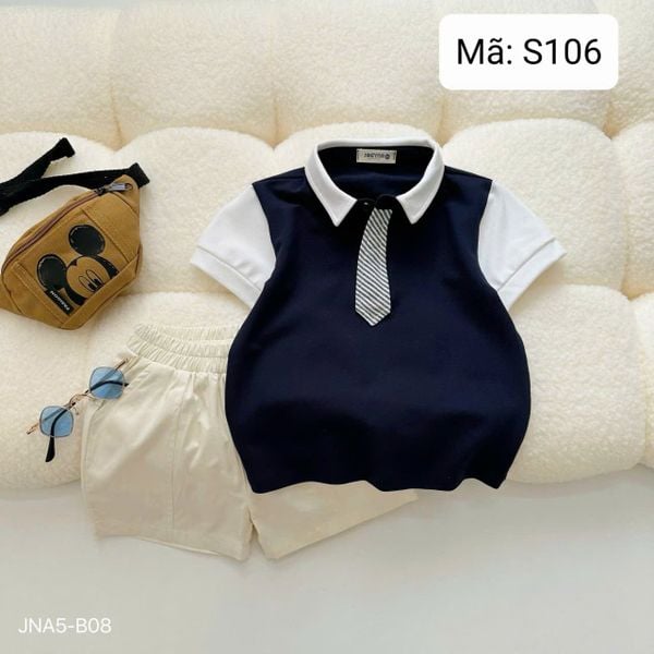  S106 _ Set bộ áo polo phối cavat kẻ thời trang cho bé trai _ Beekids 
