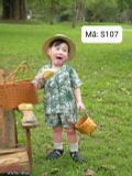  S107 _ Set bộ đi biển cho bé họa tiết hoa lá cây dừa chất tơ đũi mềm mại thoáng mát _ Beekids 