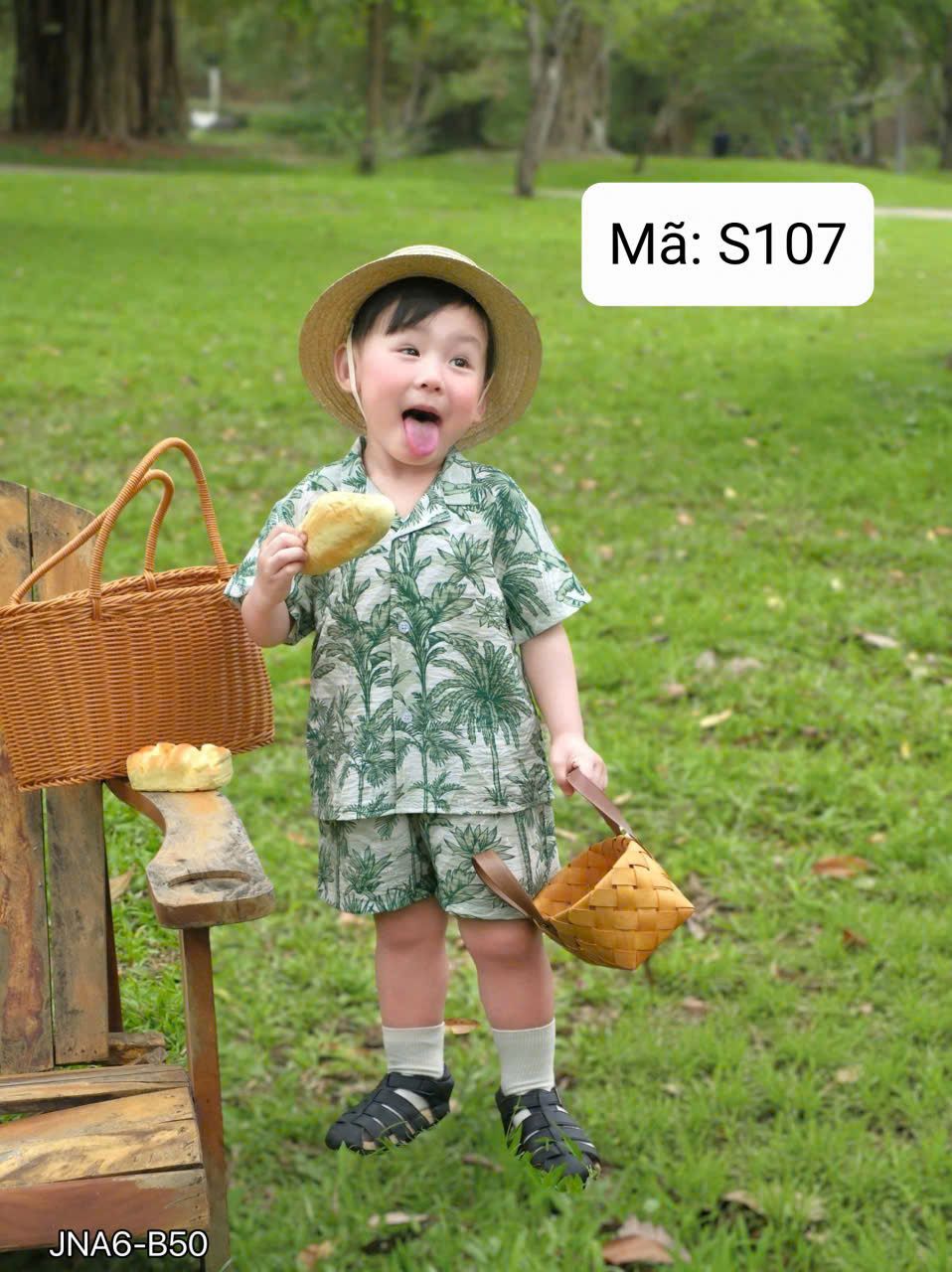  S107 _ Set bộ đi biển cho bé họa tiết hoa lá cây dừa chất tơ đũi mềm mại thoáng mát _ Beekids 