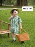  S107 _ Set bộ đi biển cho bé họa tiết hoa lá cây dừa chất tơ đũi mềm mại thoáng mát _ Beekids 