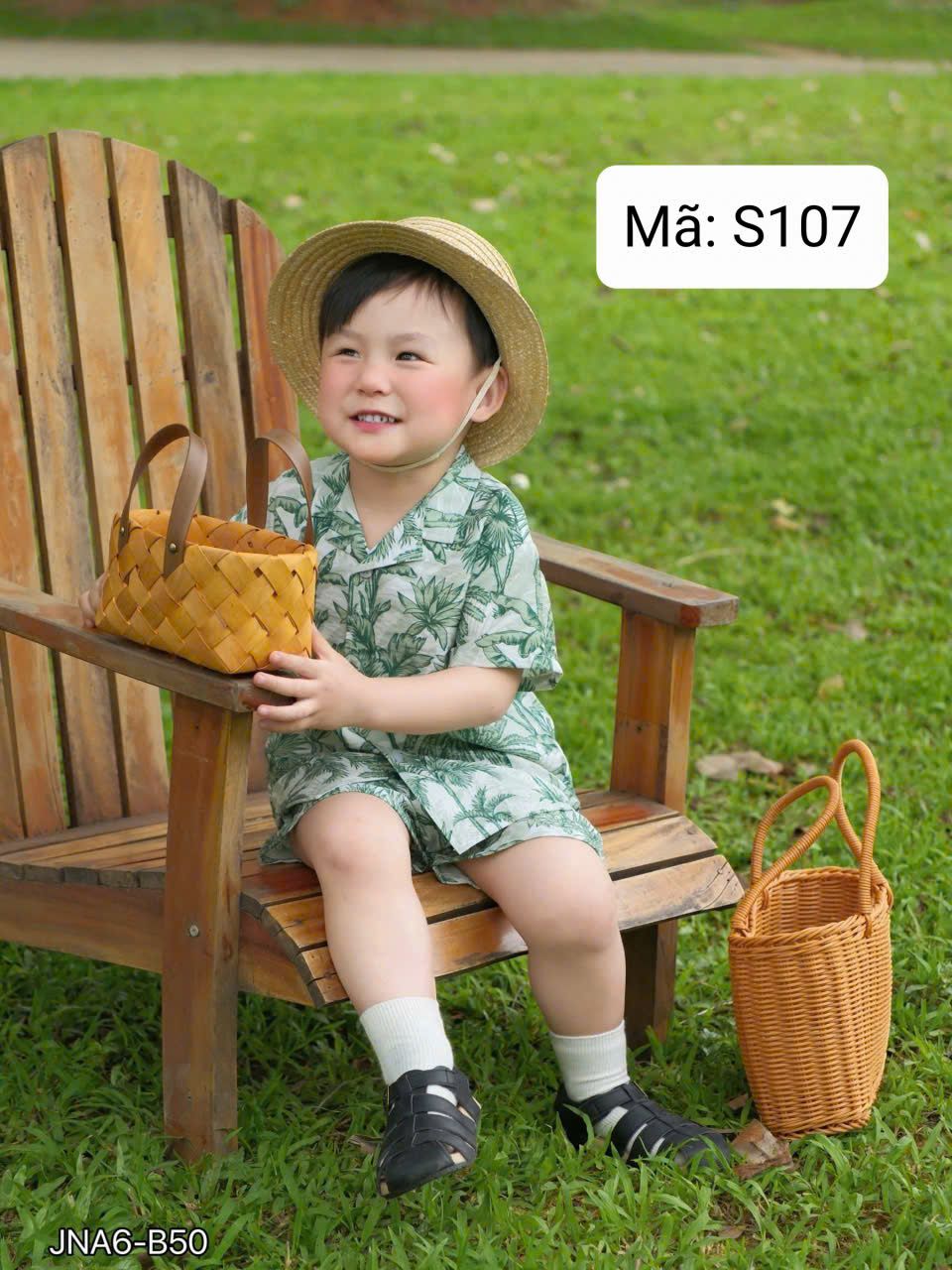  S107 _ Set bộ đi biển cho bé họa tiết hoa lá cây dừa chất tơ đũi mềm mại thoáng mát _ Beekids 