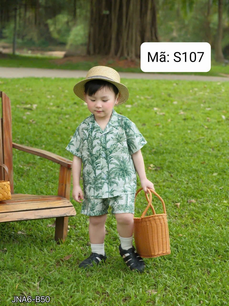  S107 _ Set bộ đi biển cho bé họa tiết hoa lá cây dừa chất tơ đũi mềm mại thoáng mát _ Beekids 