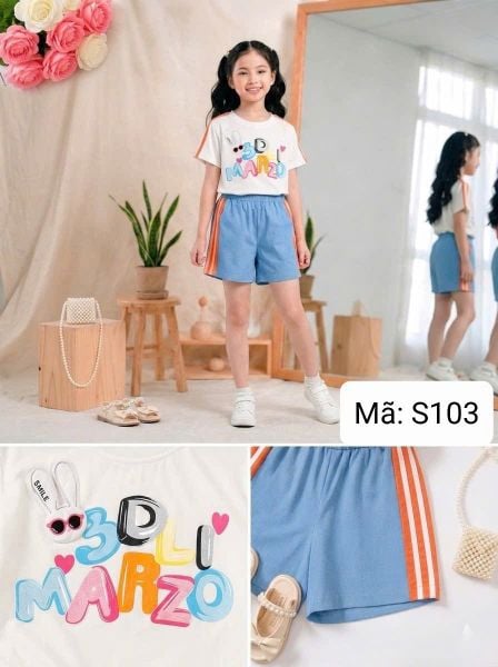  S103 _ Set bé gái áo thun họa tiết thỏ phối quần short jean mềm mại co giãn _ Beekids 