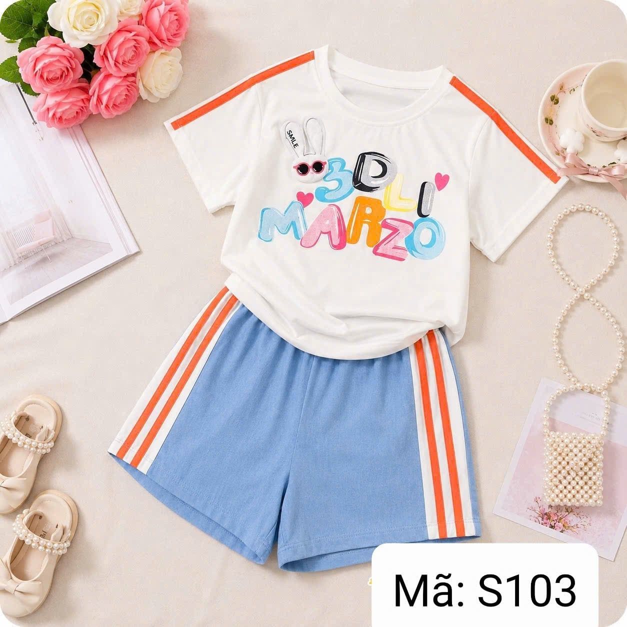  S103 _ Set bé gái áo thun họa tiết thỏ phối quần short jean mềm mại co giãn _ Beekids 