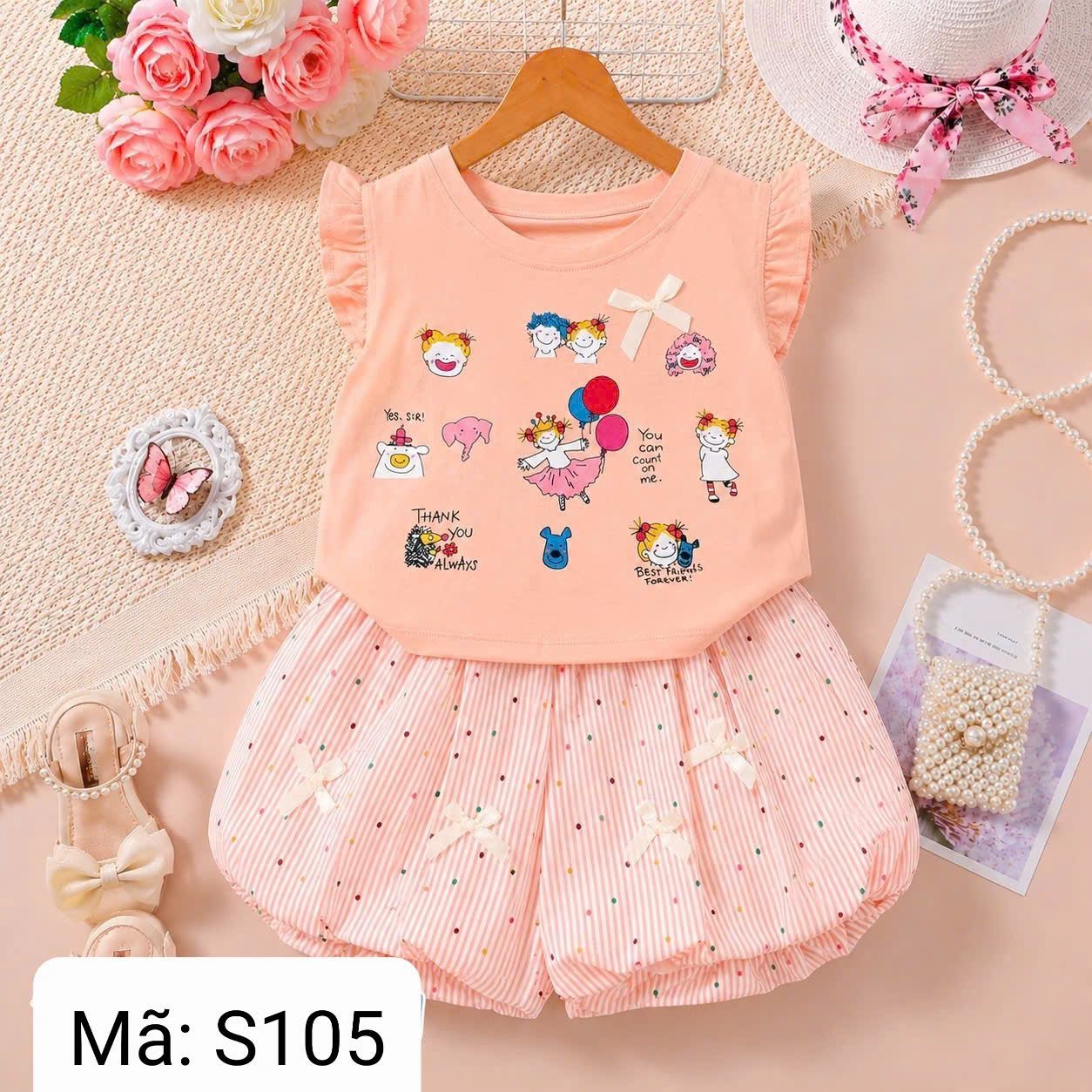  S105 _ Set đùi bí chấm bi đính nơ phối áo thun họa tiết hoạt hình siêu dễ thương cho bé gái _ Beekids 