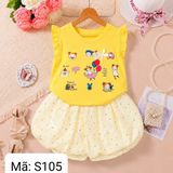  S105 _ Set đùi bí chấm bi đính nơ phối áo thun họa tiết hoạt hình siêu dễ thương cho bé gái _ Beekids 