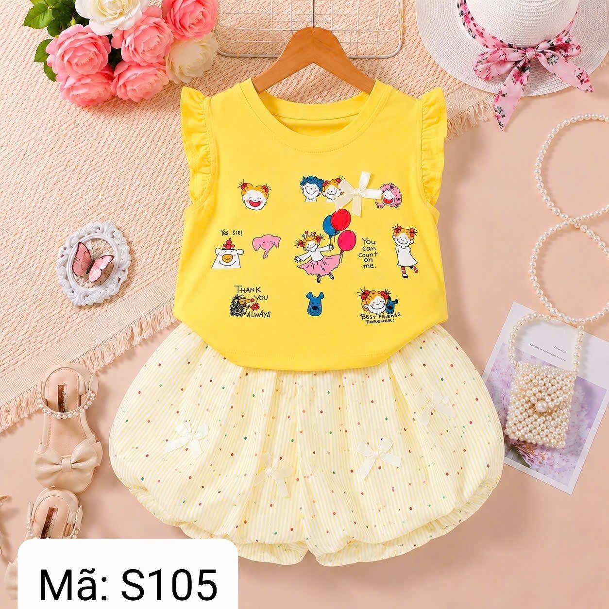  S105 _ Set đùi bí chấm bi đính nơ phối áo thun họa tiết hoạt hình siêu dễ thương cho bé gái _ Beekids 