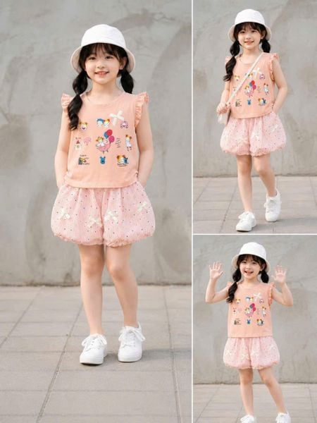 S105 _ Set đùi bí chấm bi đính nơ phối áo thun họa tiết hoạt hình siêu dễ thương cho bé gái _ Beekids 